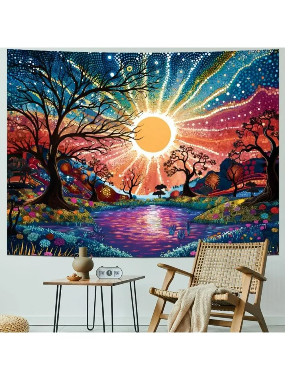 Colorful Tree of Life Tapestry, Trippy Sun & Starry Sky Wall Hanging, Aesthetic